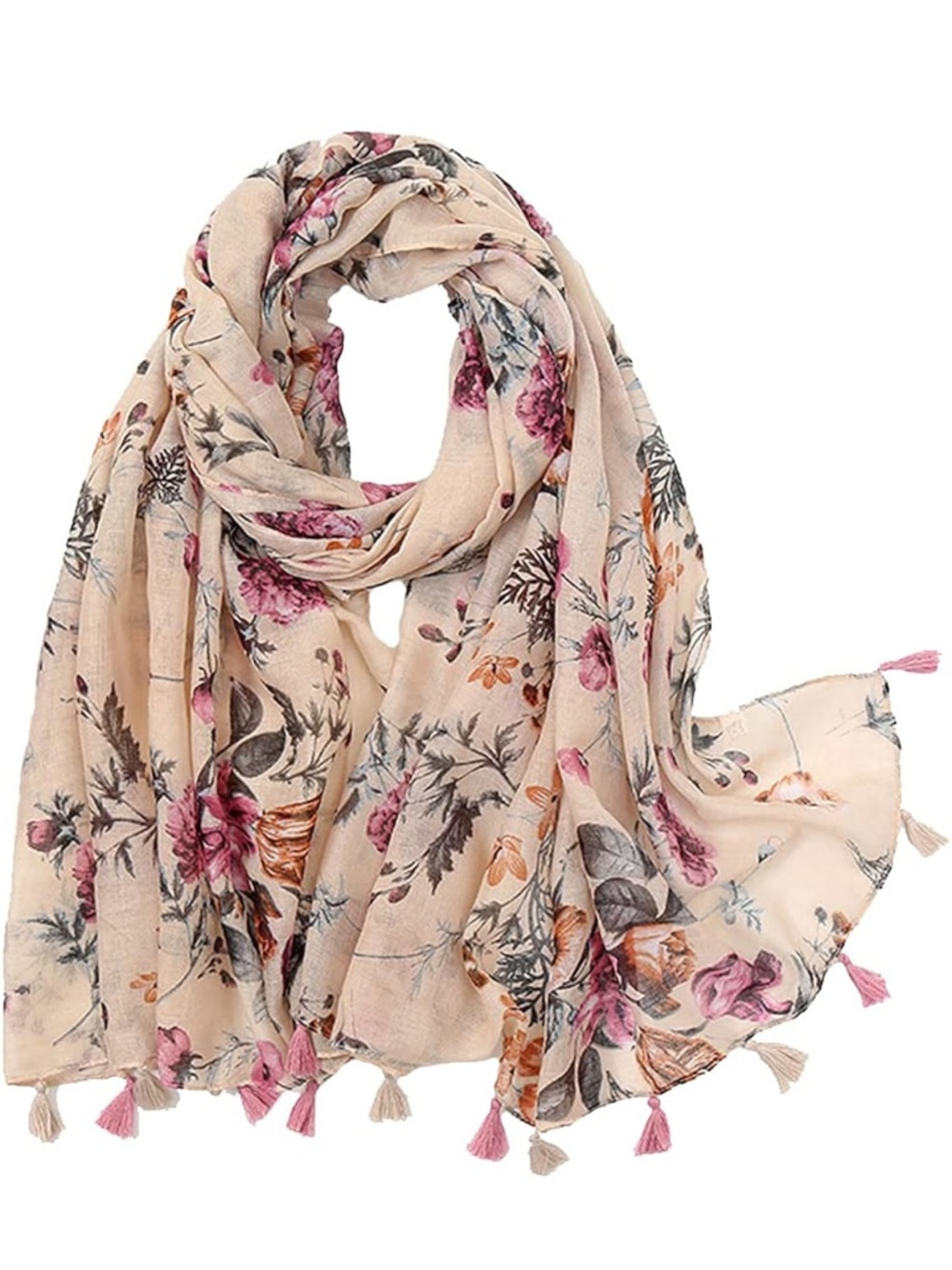 Floral Tassel Lightweight Scarf - Pink Beige